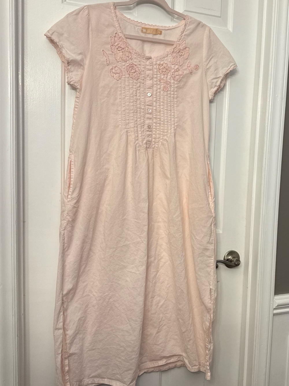 La Cera Cotton  Nightgown Pink M Floral Appliqué Pintuck Pockets Cottagecore